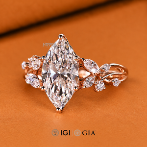 Anillo de compromiso con diamantes talla marquesa y piedras laterales, diseño de cesta de tulipanes, anillo de boda con diamantes cultivados en laboratorio, hecho a mano - Product Image 3