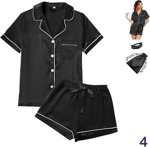 Conjunto de Pijamas de Satén para Mujer, Manga Corta, Cierre de Botones, Color Blanco Sólido, Estilo Clásico, 4 Piezas, Ropa de Dormir para Verano - Product Image 2