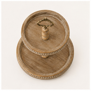 2 Tiered Wood Serving Stand with <b>Beaded</b> <b>Trim</b> Farmhouse Decorative Tray for Kitchen Counter & Coffee Bar Cupcake Stand - Product Image 2