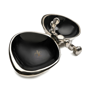 Luxury 2-Compartment Metal Snack Bowl With Black Enamel Interior & Silver Trim, Elegant Candy Dish For Modern Home Decoration - Product Image 1