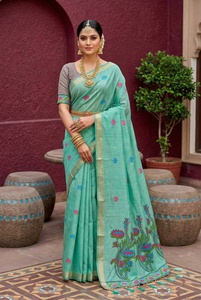 Sari de algodón de moda con bordado floral Meenakari y borlas, ropa tradicional para mujer, estilo indio pakistaní - Product Image 3