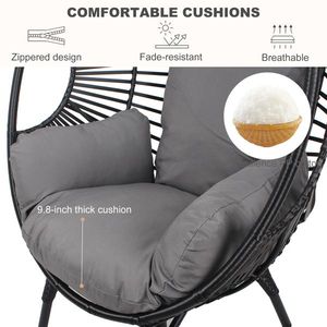 Nuova Poltrona a Uovo in PE Intrecciato Stile Rattan con Cuscino Nero e Grigio per Patio - Product Image 5
