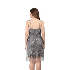 Robe de soirée vintage des années 1920, style flapper, luxueuse, à franges perlées, col illusion transparent, paillettes scintillantes, courte, idéale pour une soirée Great Gatsby - Product Image 2