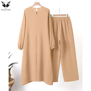 Latest Product Khaki Color <b>Modest</b> Track <b>Set</b> Women Layered Design Long Top and Palazzos Pants Muslim Formal Casual Wear - Product Image 6