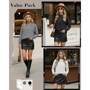White Grey <b>Black</b> <b>Women's</b> Curved Hem <b>Long</b> <b>Sleeve</b> <b>Top</b> with Short Rib Collar Plain Front and Relaxed <b>Long</b> Body Casual Clothing - Product Image 4