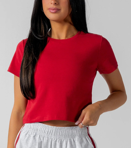 Camiseta Corta de Mujer, Manga Corta, Cuello Redondo, Algodón Jersey, Informal, para Primavera/Verano, Color Sólido - Product Image 2