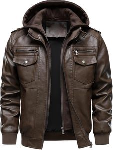 Men's Brown PU Leather Hooded Moto <b>Jacket</b> Zipper Front <b>Slim</b> <b>Fit</b> Autumn Style Windproof Regular Sleeve - Product Image 3