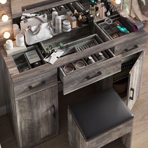 Large Lighted <b>Mirror</b> <b>Makeup</b> Vanity Desk Set with 3 Drawers 2 Cabinets Wood Top Vanity Table for Dressing Power Outlet Included - Product Image 5