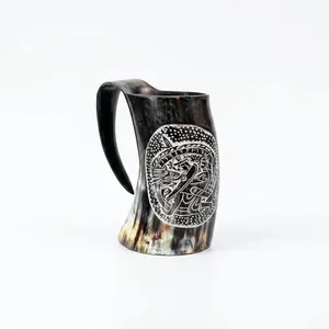 Mug à boire en corne fait main, forme naturelle, thème animal sculpté, objet d'art de collection, durable, grain rayé poli - Product Image 5
