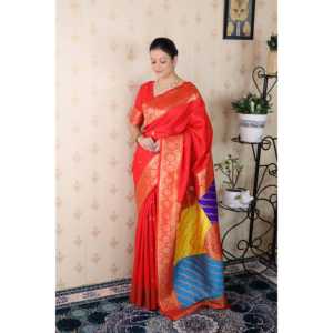 ผ้าซิ่นทอสีแดงลายพานาราซีหลากสี พร้อมลายปักดิ้นทอง  ผ้าไหมเนื้อนุ่ม สไตล์อินเดียและปากีสถาน น้ำหนัก 650 กรัม - Product Image 2