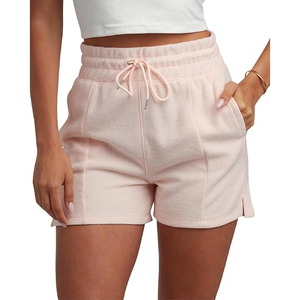 High <b>Waist</b> Ribbed <b>Elastic</b> <b>Waist</b> Shorts Pockets Solid Pink Breathable Anti-Wrinkle Digital Printed 100% Cotton Women's Shorts - Product Image 5