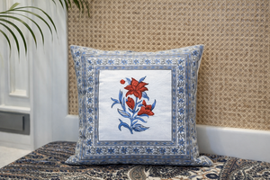 Premium Cotton Hand Block Square <b>Cushion</b> Cover with Red Blue Floral Print for Home & Hotel Decor - Product Image 3