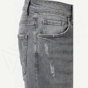 Jean en denim gris déchiré et délavé pour homme, coupe slim taille haute, style décontracté automne, pantalon droit en coton - Product Image 5