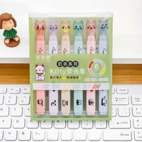 Ensemble de 6 surligneurs mignons en forme de patte de chat H35, pointes biseautées, trois styles de dessins animés, couleurs pastel, fournitures scolaires et de bureau
