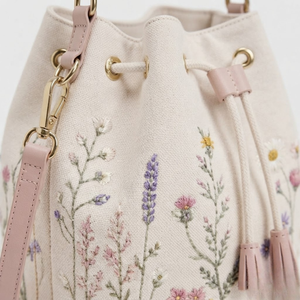 Floral Embroidered Cotton Canvas Bucket <b>Bag</b> Eco Friendly <b>Cream</b> Shopping <b>Bag</b> Pink Leatherette Trim Crossbody Handbag - Product Image 6