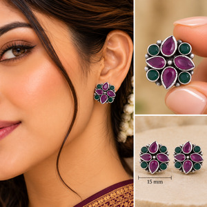 925 Sterling Silver Multicolor Gemstone <b>Cluster</b> Stud Earrings with Purple and Green Stones Fine Jewellery for Women and Girls - Product Image 4