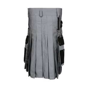 Kilt plissé en laine gris et noir avec poches et sangles à boucle pour hommes - Product Image 5