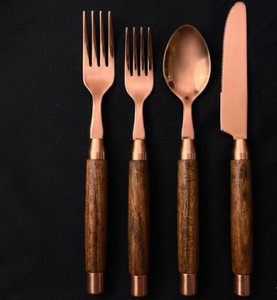 Rose Gold PVD Coated Mango Wood Handle Cutlery Spoon Fork Knife Dinnerware <b>Flatware</b> Set Luxury Dining Premium Silverware - Product Image 3