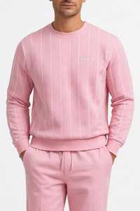 Conjunto de sudadera de cuello redondo y pantalones deportivos de felpa francesa con rayas rosas para hombre - Product Image 6