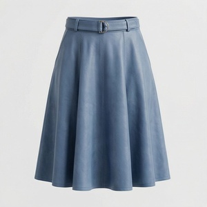 Falda de Cuero Sintético para Mujer, Corte en A, Largo hasta la Rodilla, Color Sólido, con Cinturón, Cintura Regular, Diseño Tejido Brillante, para Todas las Temporadas - Product Image 1