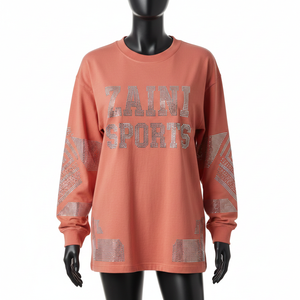 Camiseta de manga larga para mujer, de algodón grueso, estilo jersey, talla grande, con logotipo de diamantes de imitación con transferencia térmica, corte informal. - Product Image 6