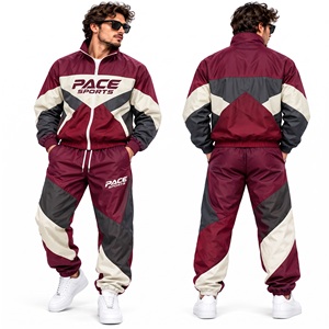 Ensemble veste et pantalon pour homme, couleur bordeaux, gris, beige, coupe-vent à fermeture éclair intégrale, pantalon de jogging à chevrons diagonaux, pour l'entraînement et l'échauffement - Product Image 1
