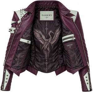 Women Burgundy Real Cowhide Leather Biker Jacket Printed <b>Crane</b> Mint Green Panel Studded Shoulder Coat OEM ODM Custom Wholesale - Product Image 5