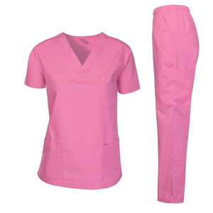 Ensemble de blouses roses pour femmes en coton et polyester, haut à col en V avec poches et pantalon à taille élastique, uniformes d'hôpital - Product Image 1