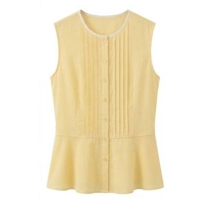 Chemisier élégant jaune pastel pour femme, avec plis décoratifs sur le devant, volant à la taille, en coton respirant, col rond, sans manches - Product Image 2