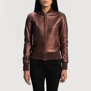 <b>Women's</b> <b>Brown</b> <b>Leather</b> Bomber <b>Jacket</b> Full Sleeve Zipper Closure Stand Collar Winter Style Waterproof Eco-Friendly Reversible - Product Image 1
