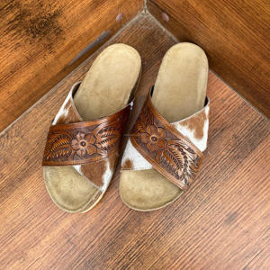 Western Hand Tooled Floral Criss-cross Sandals Genuine Hair on Cowhide Leather Slide Sandals Outdoor Flipflops Women's Footwear - Product Image 2