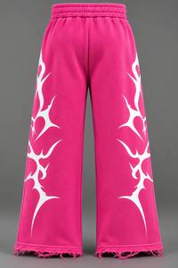 Pantalones de chándal anchos de cintura elástica media, transpirables, estilo Y2K, hechos a medida para mujer, color rosa intenso con dobladillo deshilachado, pantalones holgados. - Product Image 3