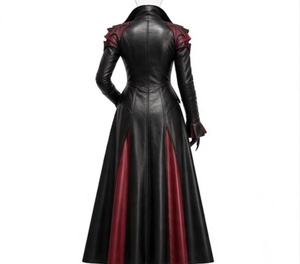 Abrigo largo de cuero negro y rojo para mujer con encaje frontal y paneles rojos en contraste, manga larga, cuello alto, ropa de abrigo de invierno. - Product Image 2