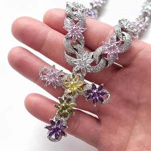 Moissanite Floral <b>Necklace</b> Multicolor Flower Pendant <b>Statement</b> <b>Necklace</b> Sparkling Womens Bridal Wedding Jewelry Gift - Product Image 3