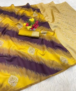 Sari en soie fantaisie avec bordure Mina Zari et fleurs, chemisier non cousu, pour fêtes et occasions spéciales, prix de gros, vêtement ethnique, jaune, toutes tailles - Product Image 1