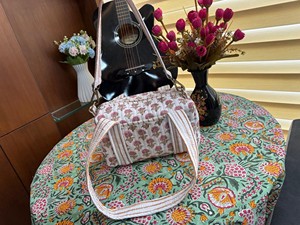 Handmade Blockprinted Quilted Cotton Duffle <b>Bag</b> Gray Floral Print Detachable Long Belt Handprint Weekender Large Luxury Casual - Product Image 4