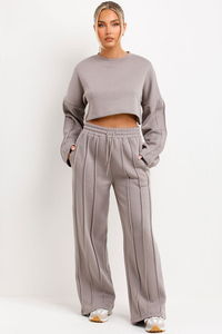 Women Gray 2 Piece <b>Tracksuit</b> Set Crop Top With Full Length Sweatpants Solid Color Casual Loose Fit Drawstring Waist Joggers - Product Image 3