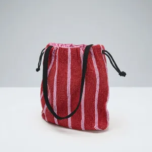 Bolso de mano de lujo hecho a mano con cuentas, tipo cubo con cordón, a rayas rojo y rosa, para noche, para mujer - Product Image 5