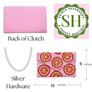 Saints <b>Headbands</b> Handmade Cotton Clutch Pink Lemon Embroidery Rectangular Shape 10x6 Inches <b>Silver</b> Chain - Product Image 6