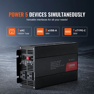 Inverter di Potenza da 1500W DC 12V a AC 120V con 2 Prese AC, 2 Porte USB, 1 Porta Type C, 6 Fusibili di Ricambio, Onda Sinusoidale Modificata - Product Image 3