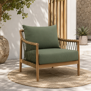Fauteuil de patio minimaliste en corde tressée, avec structure en bois de teck massif, pour importateurs en gros, directement de l'usine, commande en volume par conteneur - Product Image 1