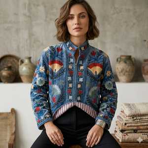Suzani Embroidered Quilted Knitted Velvet Bomber <b>Jacket</b> Handcrafted Floral Boho Statement Wear Full Sleeve Autumn Eco-Friendly - Product Image 2