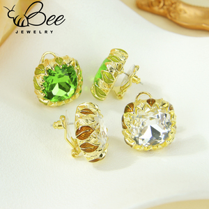European Exquisite Crystal Statement Copper <b>Stud</b> <b>Earrings</b> 14k Gold Square Moissanite Color Stone <b>Earring</b> - Product Image 3