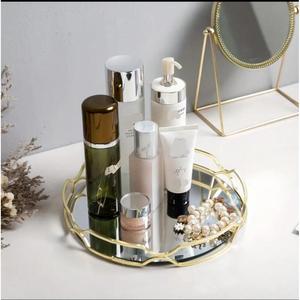 Luxury <b>Mirror</b> Tray Abstract Border Design Metal Trays For <b>Tabletop</b> Use Handicrafts Women's Cosmetic Organizer Fancy Tray Round - Product Image 4