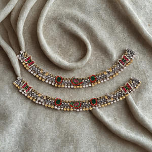 Tobilleras indias tradicionales con piedras multicolores Acabado antiguo Plata y oro Detalle Joyería de pie de estilo clásico - Product Image 2