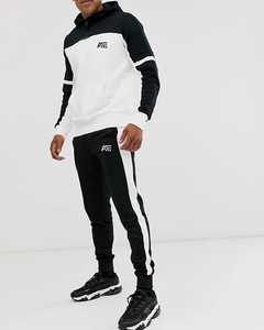 Ensemble de survêtement à capuche color block noir et blanc pour homme, personnalisable, avec pantalon de jogging, vêtements de sport athlétiques à demi-zip, fabrication sous marque privée - Product Image 2