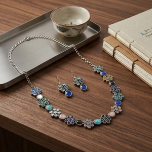 Floral Link <b>Statement</b> <b>Necklace</b> Earrings Set Multi-Colored Gemstone Centers Bohemia Style Oxidized Silver Plated Adjustable - Product Image 2