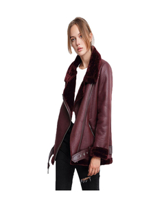 Women's Brown Genuine <b>Leather</b> Moto <b>Jacket</b> With Fur Collar Zipper Closure Full Sleeve <b>Winter</b> Style - Product Image 2