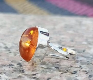 Baltic Amber Dainty Wedding Ring 925 Sterling Silver Gemstone Natural Oval Cut Bohemian Style Bezel Setting Fine Ring - Product Image 5