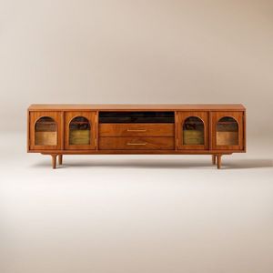 Elegant Mid-Century Solid Teak TV <b>Stand</b> Featuring Unique Arch Glass <b>Doors</b> and Spacious Drawers for Your Modern Living Room - Product Image 1